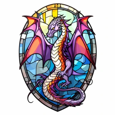Gothic arched doorway window,minimalist stained glass-inspired artwork with an dragon, showcasing transparency, simplicity, and luminous light colors in a stained glass style clipart on a white background. light colors simlisistic design Translucent effects add enchantment to the dragon within the arched doorway window.