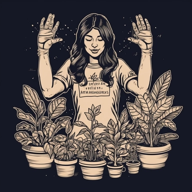 A woman in a shirt and pants holding up gang signs with her hands surrounded by potted plants, vintage tshirt design, black and white, retro clipart, simplistic, vector, white design black background