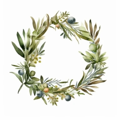 a watercolor olive wreath, earthy tones, naturecore, subtle yet expressive brushwork, lush detailing, raw materials, simple, clipart