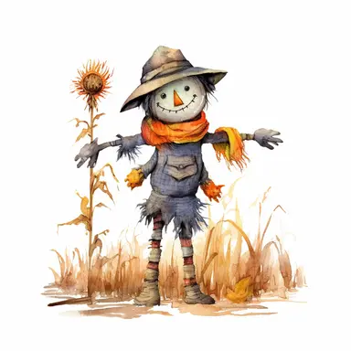 Halloween scarecrow in a field, full color, knitted painting texture, Perfect for nursery art and children's book illustration style, simple, cute, full color, clipart, watercolor illustration, single object, high definition 8k,white background for removing background - - no text shadow font watermark