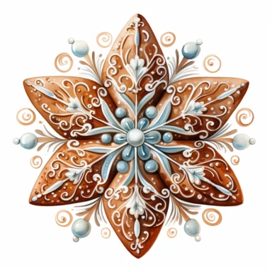 A isolated watercolor clipart, Christmas hand made gingerbread, snowflakes,white background, Art Nouveau, highly detailed,