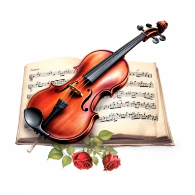 music book, small violin ,rose digital clipart on white background