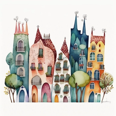 Very very cute and Whimsical houses in a row in the style of Gaudi, Barcelona, Spain, beautiful, colorful, Sagrada Familia church, flower balconies, Watercolored illustration in the style of Michael Powell, clipart, white background - Q2