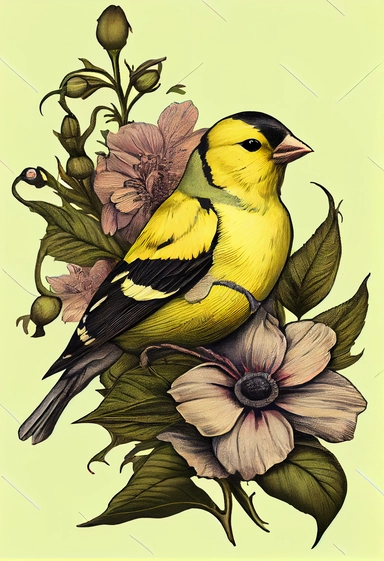 Flower Clipart American Goldfinch Botanical Illustration Art