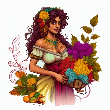 a gorgeous Indian woman, curly hair with ruffles, big basket with flowers in her hand, Leonardo Da Vinci style, luxury, chain of flowers in the background, butterflies, dandelions, vibrant colors, dressed in several dresses, white background, clipart