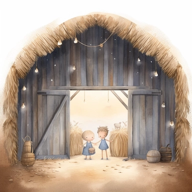 A watercolor painting inside a cute old open barn with hay and straw the doors are open in Bethlehem, Christmas, cute detailed digital art, inspired by nicoletta ceccoli, by Kubisi art, whimsical and cute, by nicoletta ceccoli, cute detailed artwork, glimmering, adorable and whimsical, whimsical art, Clipart style, png style, svg style, blank white background, a solid white background