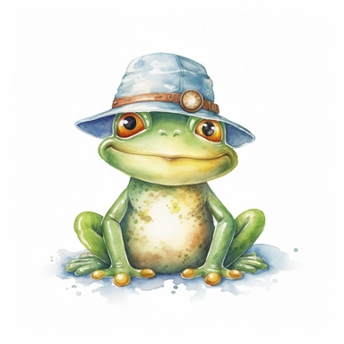 Cute happy smiling frog, clipart with whimsical watercolor illustration, cartoon style, wearing summer bucket hat, smiles, childish, disneyartwork, high solution, white background