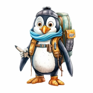 cute Penguin character wearing camping clothes and camping gear with happy face,front facing on isolated background,with happy face and expression,Animal Sublimation Clipart,no splash watercolor,white background, ultra detailed clipart, cut out image, colorful watercolor realistic, cartoon style, ultra HD, sharp and clean art
