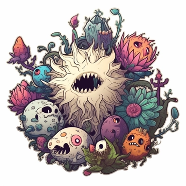 Sticker, Thick border. Creepy and weird animal flower doodle by japanese artist michael tani, in the style of 2d game art, realistic yet stylized, cute and dreamy, skeletal, concept art, spiky mounds, environmental portraiture. clipart, solid white background