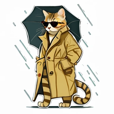 Logo of a picture of a lazy cat wearing sunglasses and a trench coat, full body, inspired by Hanns Katz, reddit contest winner, logo, relaxed colors, liquid cooled, 70's, clipart, chill out, retro, Striped cat, design for sticker, full body, white background, with margins