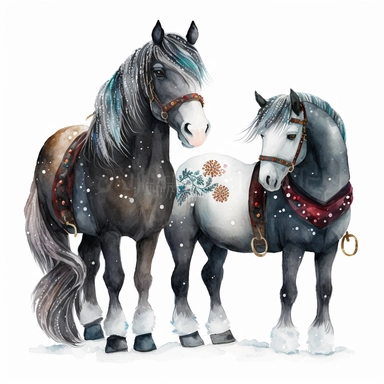 dark academia, horses, snow, fairytale, Christmas, swedish folk art, watercolor, white background, clipart