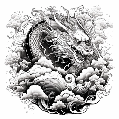 black and white dragon in a cloud with clouds design clipart, in the style of meticulous linework precision, elaborate kimono, joong keun lee, thick texture, ornate complexity, hand-coloring, intricate storytelling, clipart cut file cuttable cricut vector, white background