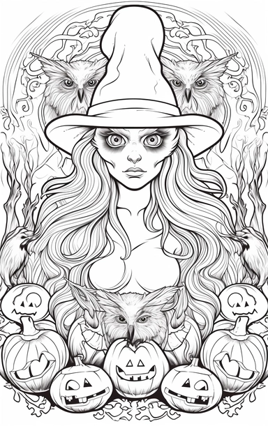 Coloring cartoon page for adult,witch clipart 6 witches, owl, in the style of reimagined by Dr. Seus, mystic mechanisms, illusory images, witchcore, lith printing ,clear and clean line art, white background