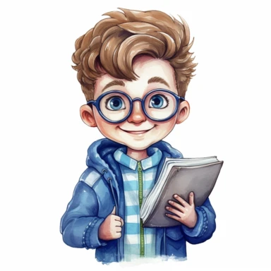 a happy little cute boy in a five-year-old, white short, blue jacket, book, glasses, style by Lusy Fleming, folk art, watercolor, clipart elements, smooth gradients, black contour outline, ultra detailed, white background, super clear, high quality