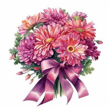 beautiful, bright colors, [Chrysanthemum floral bouquet] with a pink tied bow ribbon, watercolor, clipart,cinematic, dramatic, realistic, very detailed, white background, clipart, medium image size ,