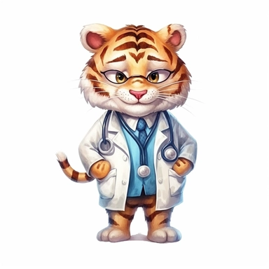cute Tiger character wearing doctor clothes and doctor element with happy face,front facing on isolated background,with happy face and expression,Animal Sublimation Clipart,no splash watercolor,white background, ultra detailed clipart, cut out image, colorful watercolor realistic, cartoon style, ultra HD, sharp and clean art