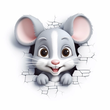 clipart, cute kawaii gray and white mouse sticking his head out of a hole in the wall, isolated on a white background, cartoon style, chibi style, vector, 3D, no shadows