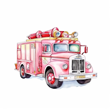 Vintage Hand painted pastel clipart of a toy fire truck in the style of vintage nursery kitsch Lefton, retro midcentury 1950’s, white background, contour