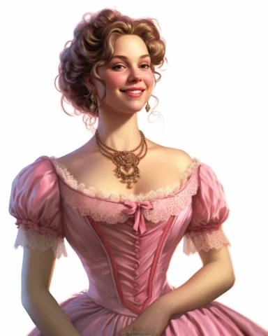 detailed smiling beautiful lady , dressed in a pink victorian vintage dress with necklace, hyper realistic, 8k, isolated on white backgorund, clipart