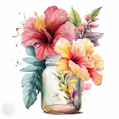 [3139489580] Watercolor clipart. A stunning watercolor artwork showcasing a bouquet of hibiscus flowers elegantly arranged in a transparent jar, creating a striking contrast between the vibrant blossoms and the clear glass.. White background. No text. No caption. No logo