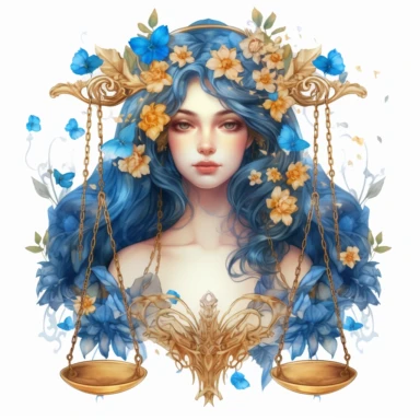woman, Libra, beautiful face, flowers, scales, Gilded, blue colors, high quality, clipart, white background, Artgerm