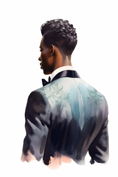 watercolor portrait illustration of dark-skinned groom with dark-skinned best man clipart, view of the back, zoomed in close view, in style of Michiel van Huysum, subtle faded color variations, hyper-detailed hd watercolor clipart, on white background, spaced out