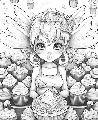 bi-racial fairy, with wings, surrounded by cupcakes with frosting and sprinkles, Kawaii for a childrens book, cartoon style, thick lines, black and white, no shading, line drawing illustration, no kid faces, no duplicate faces, blurry, drawing, cartoon, illustration, painting, concept art, cgi, unreal, anime, black&white, b&w, picture frame, deformed, bad anatomy, disfigured, poorly drawn face, mutation, mutated, extra limb, poorly drawn hands, done by bad-artist, ugly, dazed, 3D render, 3D game