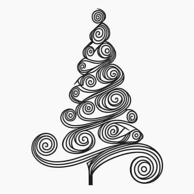simple 3d black and white doodle christmas tree, simple 3d svg christmas tree, simple 3d beautiful curved christmas tree black and white drawing clip art