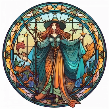 Vintage Colorful Beautiful Stained glass Witch Sublimation Clipart,Cartoon, hyper realistic, intricate detail, illustration style,high solution,on the white background