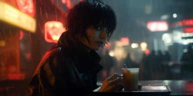 Wide shot. Future Thriller, Denis Villeneuve. Future Paris in 2060. Foggy night. Small street, the smell of street food. A badass woman journalist, punk, with black hair, played by Agathe Rousselle, is wearing an Akira futuristic jacket. She is eating ramen and a beer in a small Ramen place. on her table she has her photographic camera