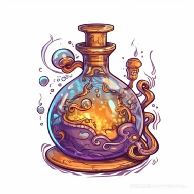 magical potion bottle, magical and mystical, video game style, clean and crisp, clipart, illustration, alchemical, smoke and embelishments, wizards potions, isolated on white background