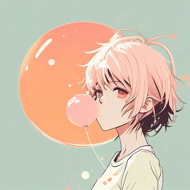anime, 2d, matte color, beautiful girl, big eyelashes, blowing bubblegum ball, sassy, minimal, vector art, clipart, pastel colors