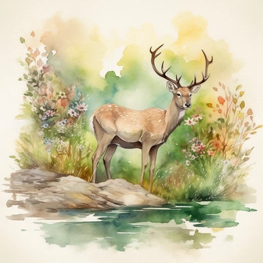 Watercolor clipart of a graceful english stag deer, its soft beige coat , gently sipping from a clear brook, environment brimming with vivid spring flowers and vibrant green foliage, an atmosphere of tranquility and the renewal of life, Illustration, digital watercolor using a textured brush for a hand-painted effect,