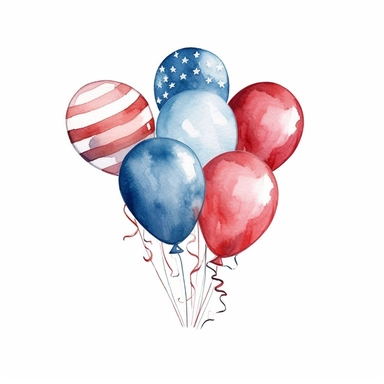 american flag party balloon clipart, white background, red white and blue colour tones, watercolour style