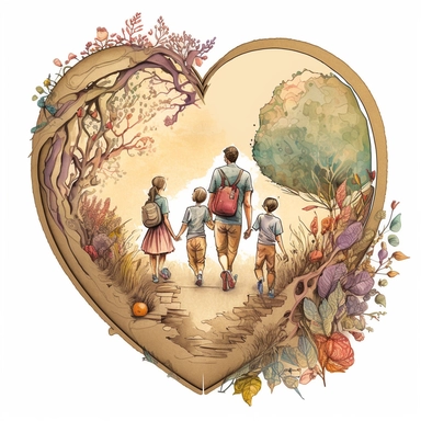 (perfect body figure) of a cute loving American family of 4, hiking in a magical BOOKS (a perfect close-up single-point-perspective view from the back) with its own habitats (flowers and plants) made into a natural-heart-shape, vintage in watercolor style clipart, use darker tones, higher saturation colors, Banksy artstyle with minimal effects, super creative watercolor, white background