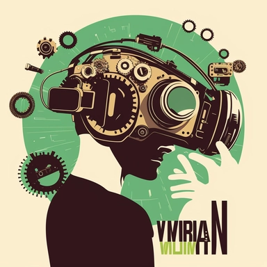 worker in vr headset, industrial, helmet, virtual reality hmd, repairing hardware, poster, simplistic, abstract, vector, 2d illustration, clipart, few colors
