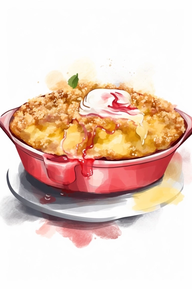 rhubarb crumble with custard, with watercolor topping, clipart, hd, offset white background