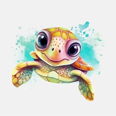 happy baby green sea turtle swimming with big round eyes, watercolor Illustration clipart, 4K, extremely detailed