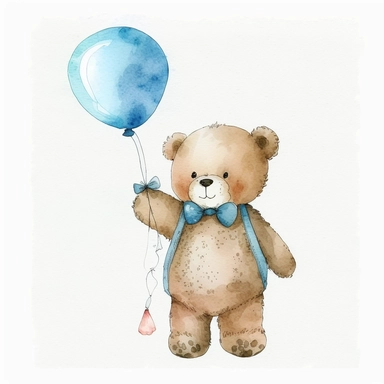watercolor teddy bear with a blue bow tie and blue balloons in his hand, clip art, white background,
