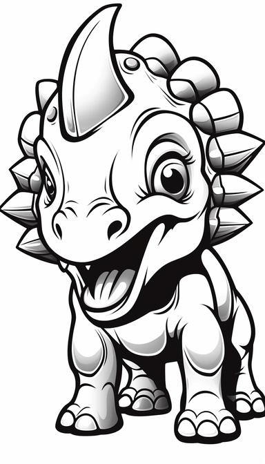 Triceratops, that is clean and simple on a white background, in 2d clipart vector style for adobe illustrator, should express a comic and a cartoon style look, cute and funny, the outer border width must be 4mm, it must be suitable for a coloring book, smooth lines, show full animal with its all body parts in vitali-iakovlev style, single image per page, image should be inside the page, image should not touch the edges of the page
