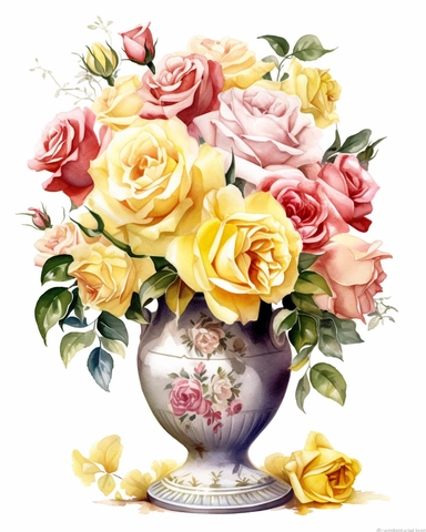 Watercolor clipart of a vase with mix of various colors of roses like pink + yellow + white , isolated from solid white background, 8k, intricate details, boardwalk colors