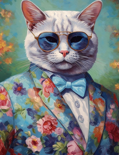 full body Cat Fashionista: Craft a cat clip art dressed in stylish clothing, with accessories like sunglasses, a handbag, or a bowtie. The cat can have a confident pose, showcasing its fashion sense. This fashionable feline represents style, elegance, and self-expression. oil painting by van Gogh 8k ultra detail high sharpness ultra detail