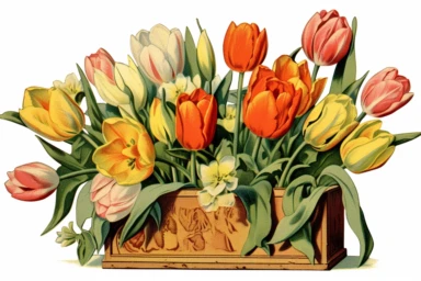 Vintage 1920 detailed open box of tulips Illustration , Chromolithograph, Die Cut, 1920s Illustration, Vintage, Chromolithograph, Colorful, Antique, Ephemera, Clipart, 8k, Isolated on white