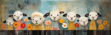 a row of cute miniature lambs, a collage of mixed media art made with tissue paper, magazine and newspaper clippings, oil paint, graphite pencil lines and fabric, in the style of playful surrealism, whimsical, washi tape