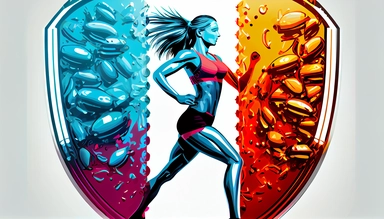 2D art fitness sport beautiful women defended by shield with bifidobacteria capsules on white background, beautifully color graded,, clipart vector drawing