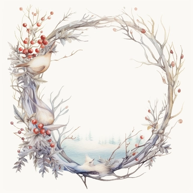 stunning christmas frame made of snowy branches , beautiful Christmas clipart, soft faded colors, beautiful watercolor art by Marjolein Bastin, Thomas Kinkade, Carl Larsson, Norman Rockwell, Susan Wheeler