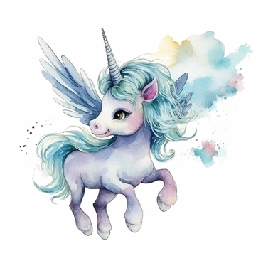 cute baby unicorn, clipart, watercolor, flying over ocean, with wings--seed 1799088895