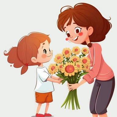 child giving Flowers To Mom On Mothers Day Free PNG and Clipart white background