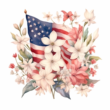 American flag with spring flowers. USA independence day. 4th of July, The illustration should be in the style of dreamy watercolor florals, inspired by the works of artists like Vytautas Kairiukstis, Villagecore, Kathrin Longhurst, and Christian Schloe. The color palette should predominantly feature white and pink, with a touch of flower power. The aspect ratio of the illustration should be 3:2. Be sure to include vintage truck clipart in your design, and dont forget white background, NO BACKGRO
