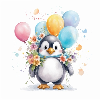 cute snowy ilustration, realistic adorable penguin with baloons and flowers happy clipart, nursery style clipart, Nursery Animals Art, Kids Wall Art, Kids Room Decor, Baby Room Decor, isolated on white, ultra - detailed, high quality, 8k, hd, ghibli style, award winning